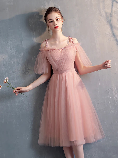 Bridesmaid Dress Tea-Length Tulle With Built-In Bra, V-Neck Pleated Design For Prom And Wedding Dress