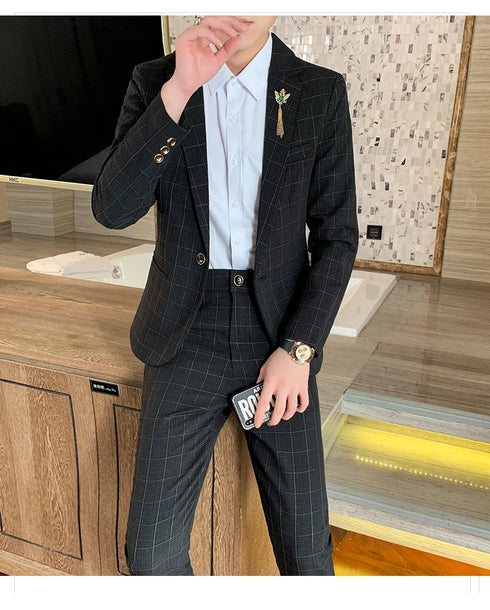 Autumn Men's Slim Fit Checkered Two-Piece Suit Korean Style Fashion Set