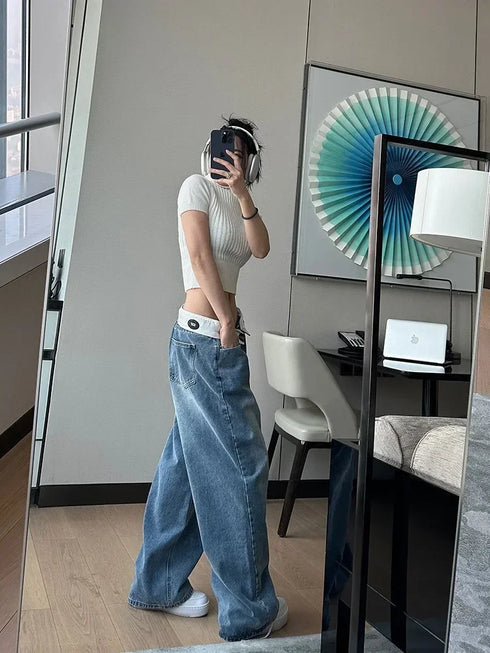 Baggy Wide Leg Vintage Y2K Jeans for Women - Trendy Kpop Gyaru Streetwear High Waist Denim Pants Perfect for Fall Outfits with Jeans and Harajuku Style