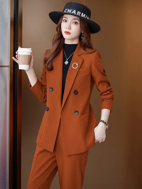 Stylish Women's Formal Pant Suit Set for Office Business Wear - Elegant Blazer and Trouser Ensemble with Pockets, Perfect for Autumn/Winter