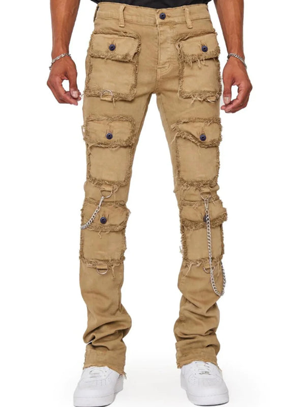 European Men's Stretchy Cargo Jeans Slim Fit Denim Bottoms