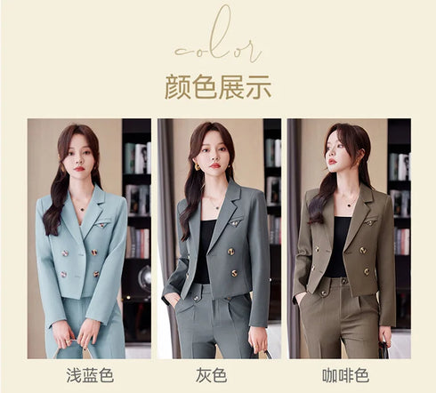 Chic Women's Office Suit Set: Long Sleeve Double Breasted Short Tops with Slim High Waisted Pencil Pants for Spring Fashion