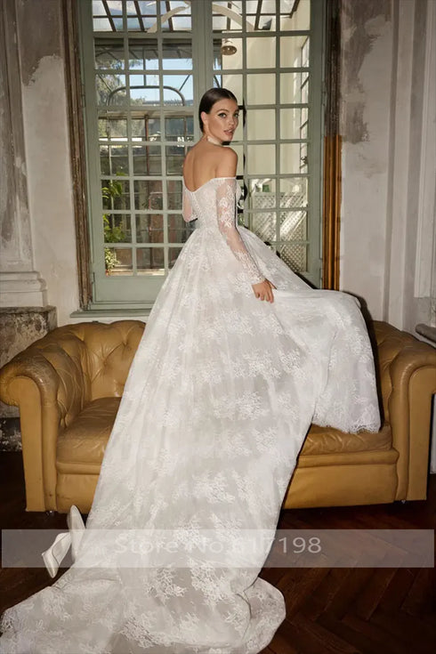 Elegant Off-Shoulder Lace A-line Wedding Dress Backless Gowns