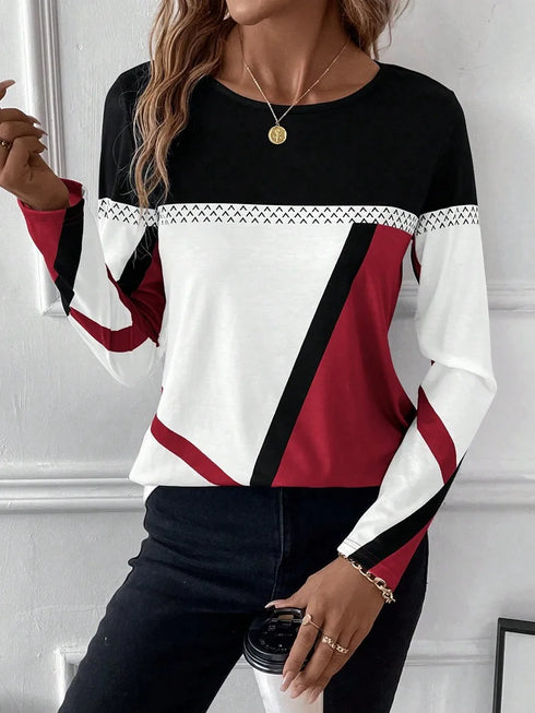 Casual Women's Geometric Print Long Sleeve T-Shirt Loose Fit O-Neck Tee