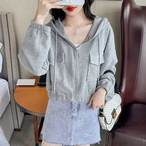 Hooded Spring Jacket for Women Short Summer Thin Zipper Cardigan Loose Work Casual Top
