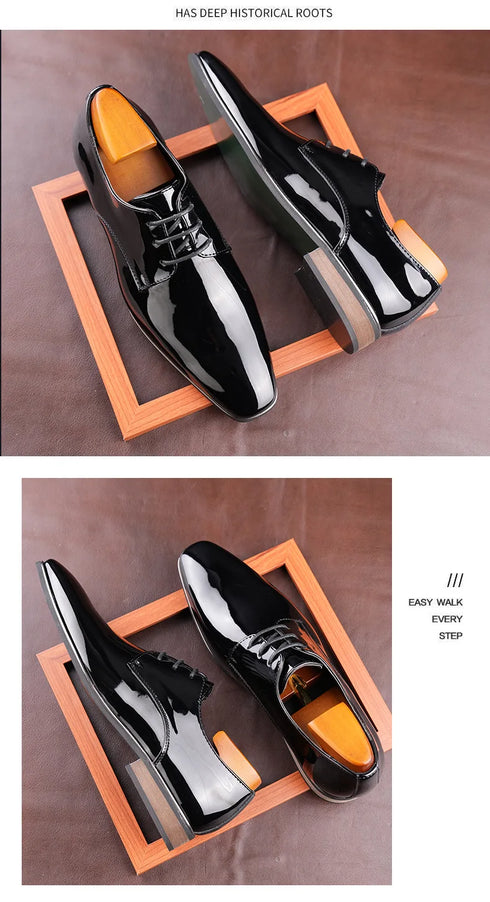 Luxury Designer Men's Oxfords - Lace-Up Patent Leather Pointed Dress Shoes for Formal Occasions and Business Events
