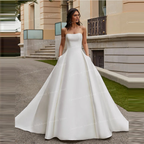 Simple Satin Wedding Dresses A Line Sexy Strapless Gowns