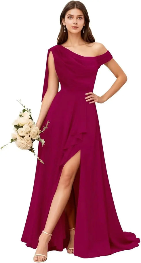 Bridesmaid Dress One Shoulder Chiffon With Pleated Ruffles A-Line Floor-Length Slit Bridal Dress