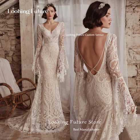 Boho Mermaid Wedding Dress Long Sleeve Lace Illusion V Neck Backless Bridal Gown