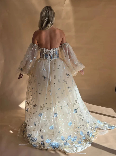 Amanda Princess Flower Lace A-Line Wedding Dress Puffy Sleeve Side Split Bridal Gown