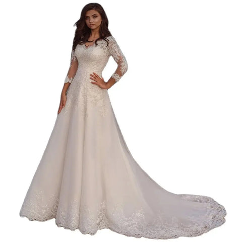 Elegant Long Wedding Dress with Long Sleeves and Lace Appliques A Line Tulle Sweep Train for Women