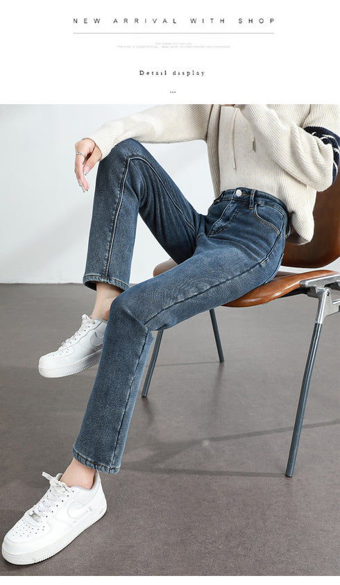 Women's Winter Fleece Warm Jeans Retro Slim Straight Denim Pants