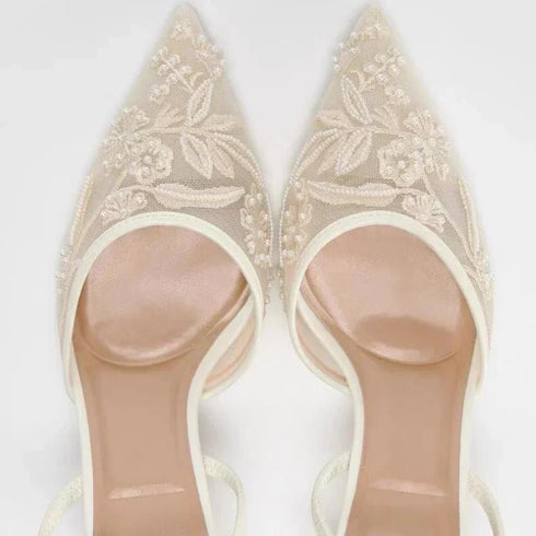 Mesh Embroidered Floral Slingback Heels Sandals For Women