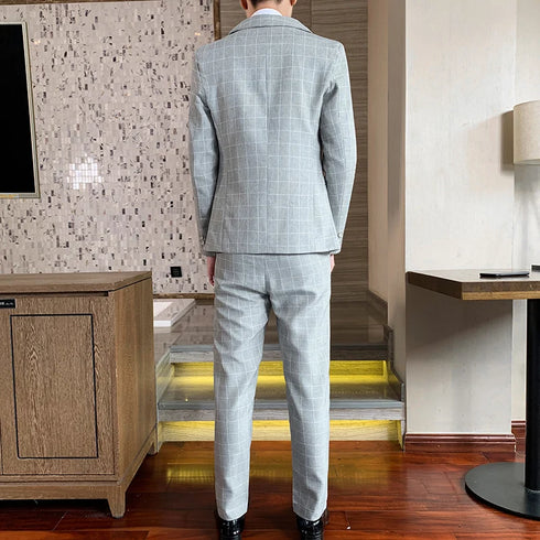 Autumn Men's Slim Fit Checkered Two-Piece Suit Korean Style Fashion Set