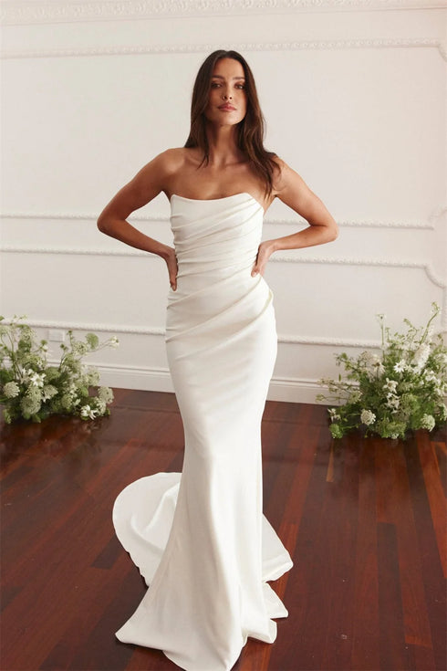 Kyoto White Strapless Mermaid Wedding Dress Pleated Formal