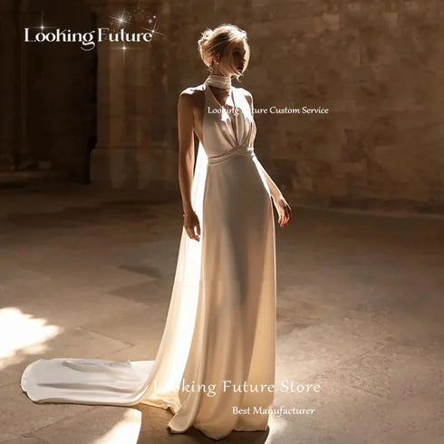 Elegant Mermaid Satin Wedding Dresses For Woman Backless Halter Sleeveless Design