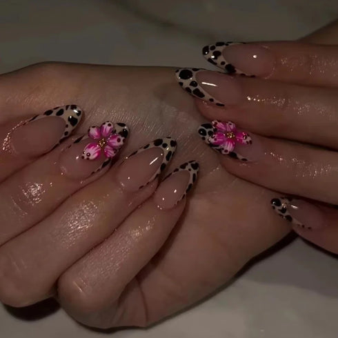 Charming 3D Flower Press on Nail Art with Cute Leopard Print Design - Stylish Almond Shape Ballet False Nails for Daily and Vacation Manicure