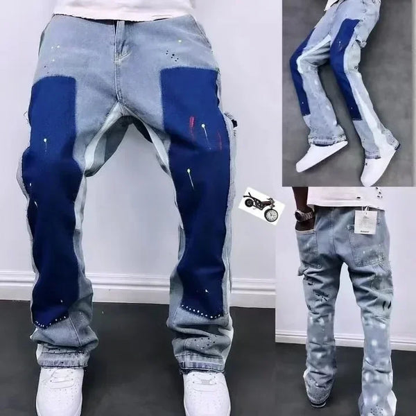 Distressed Bell-Bottom Jeans Color Block Mens Jeans Street Style