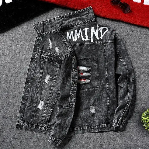 Men's Slim Fit Ripped Denim Jacket with Print for Hip Hop Style - Trendy Outerwear for Dance and Casual Wear