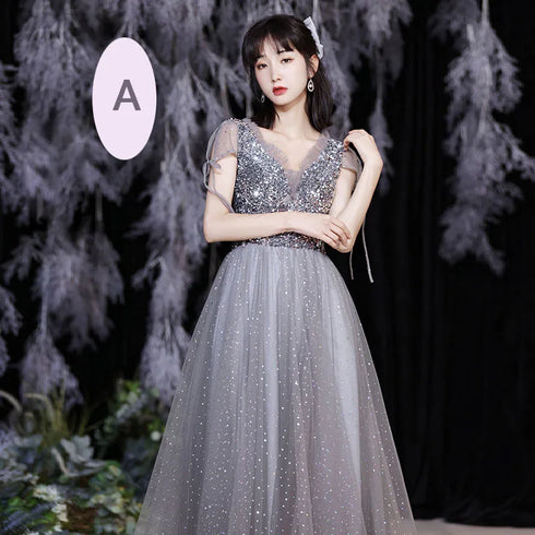 Off Shoulder Lace Illusion A Line Dress Floor Length Glitter Tulle Bow Bridesmaid Dress