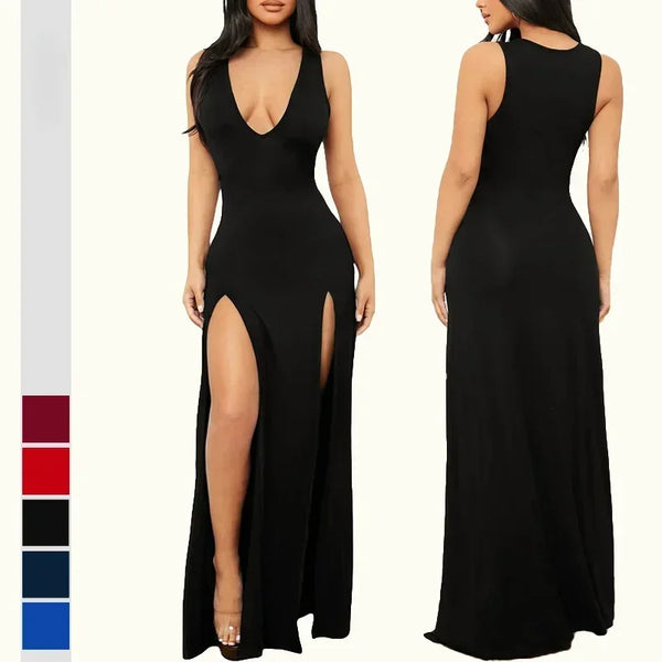 Low-Cut V-Neck Sleeveless Double Slit Sexy Floor-Length Dress Cocktail Party Long Dress