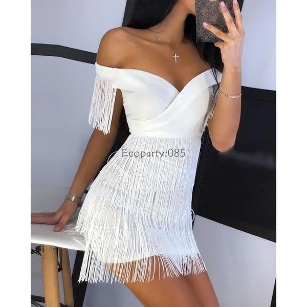 Women Evening Dresses Sexy Big V Neck One-shoulder Fringed Skirt Slim Club Dress