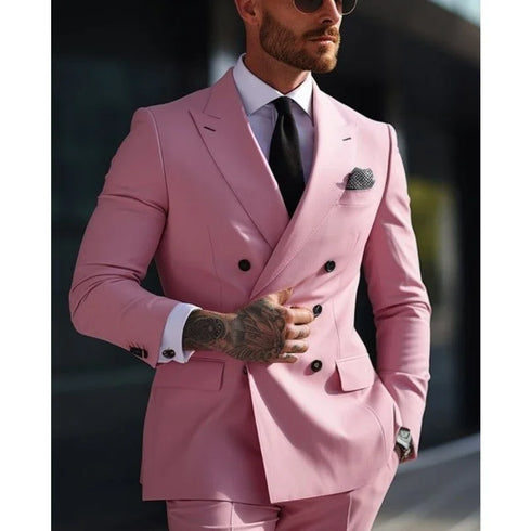 Stylish Men's Wedding Suits - Solid Color Formal Business Attire, Plus Size Double Breasted Design with Six-Button Closure for Smart Casual Occasions