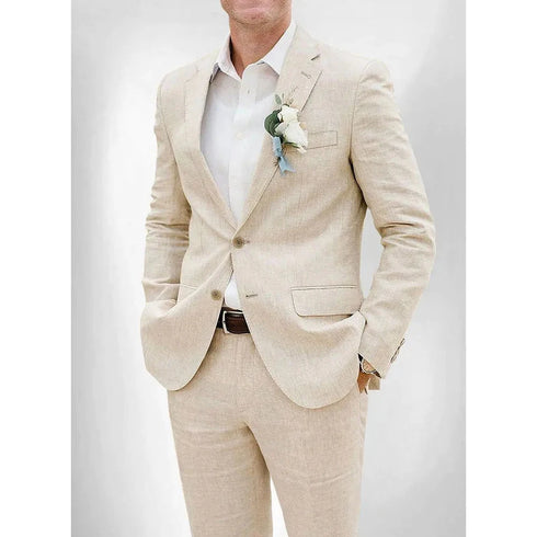 Chic Linen Suits for Men Casual Flat Front Single Breasted Blazer and Pants Outfit