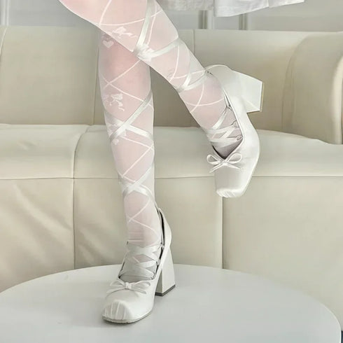 Elegant Chunky Heels Lolita Pumps for Women - Lace-Up Ballet Style Single Shoes for Spring and Autumn Parties, Fashionable French-Inspired Footwear with Square Toe and Super High Heel