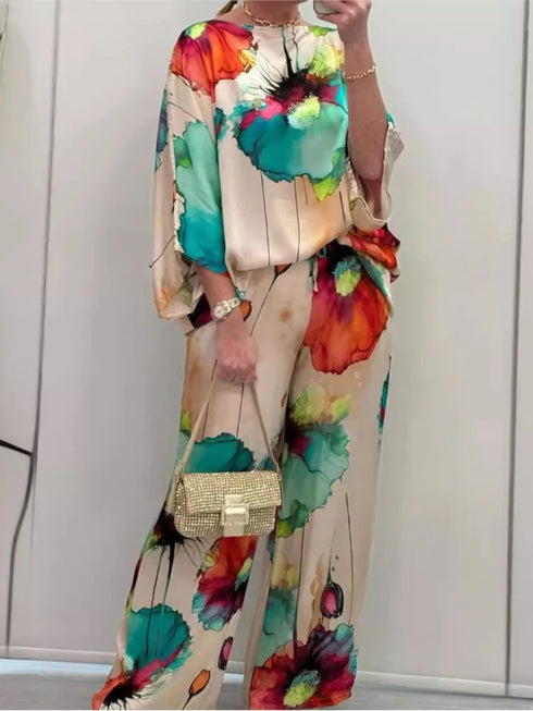 Elegant Satin Printed Two Piece Set for Women – Stylish Round Neck Top with Wide Leg Pants for Effortless Summer Outfits Inspo