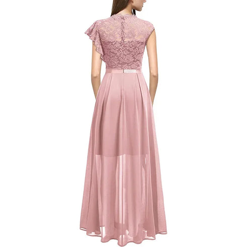 Harajuku Vintage Elegant Long Maxi Dress Stylish Party Wedding Dress with Spliced Lace Chiffon