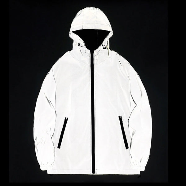 Men's Glow in the Dark Windbreaker Jacket - Reflective Casual Outerwear with Hood and Short Length for Stylish Adventures