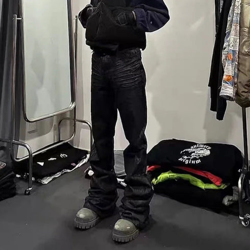 High Street Baggy Flare Jeans for Men Y2k Denim Trousers