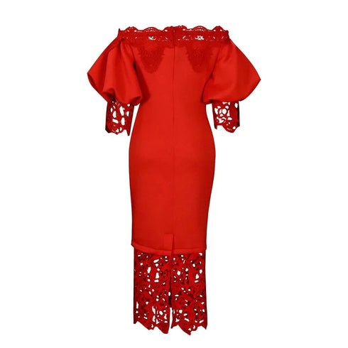 Trend Fashion Lace Midi Dress Women Off-Neck Bodycon Style