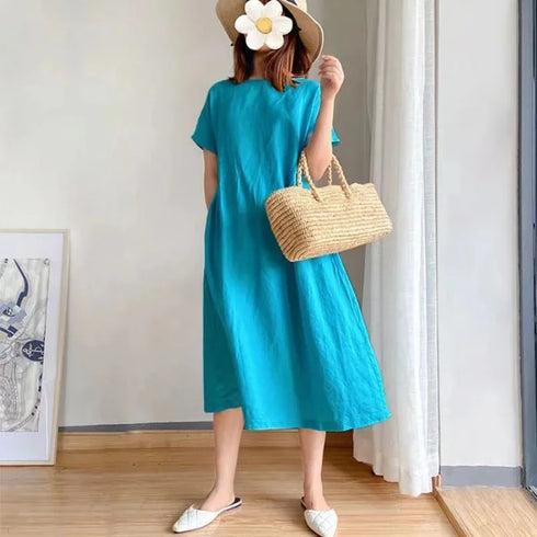 Loose Fit Slimming Cotton Linen Dress for Women Summer Plus Size Mid-Length Skirt