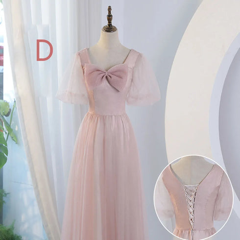 V-Neck Ruched Tulle A-Line Dress With Square Collar And Appliques And Bow Bridesmaid Dress