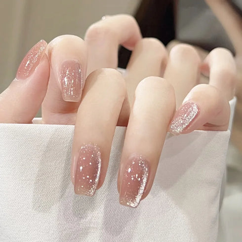 24Pcs Long Acrylic Ballet Fake Nails with Rhinestone Chain Design - Full Cover Press-On Nail Tips for Stylish Nail Art Enthusiasts