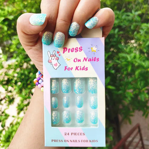 Sparkling Purple Glitter Kids Press-On Nails - 24-Piece Gradient Fake Nail Art Tips for Short Full-Cover Fun and Creative Nail Designs for Girls