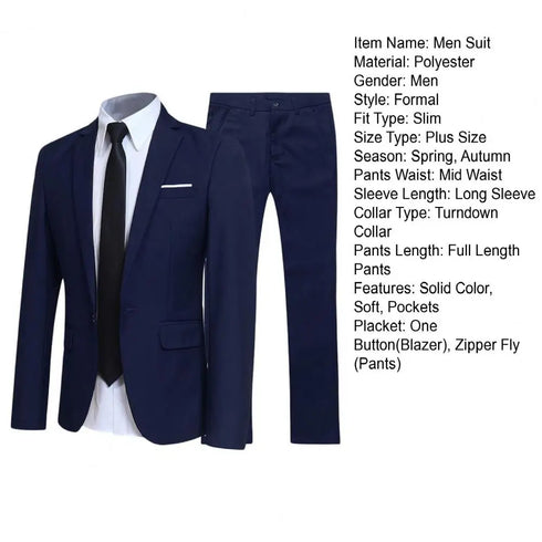 1 Set Men Jacket Pants Solid Color Turndown Collar Slim Fit Business Suit Set for Wedding Office
