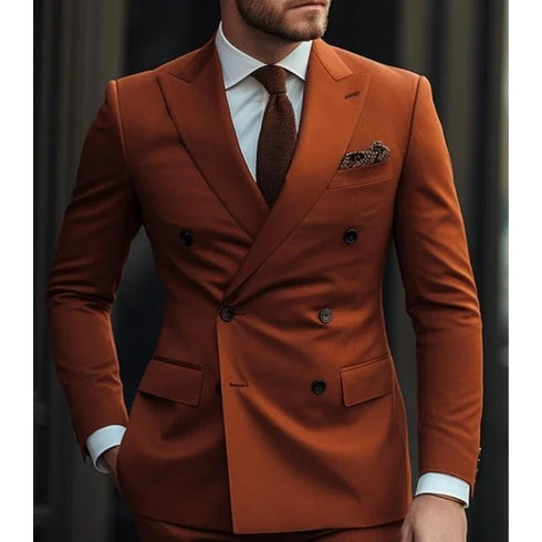 Stylish Men's Wedding Suits - Solid Color Formal Business Attire, Plus Size Double Breasted Design with Six-Button Closure for Smart Casual Occasions