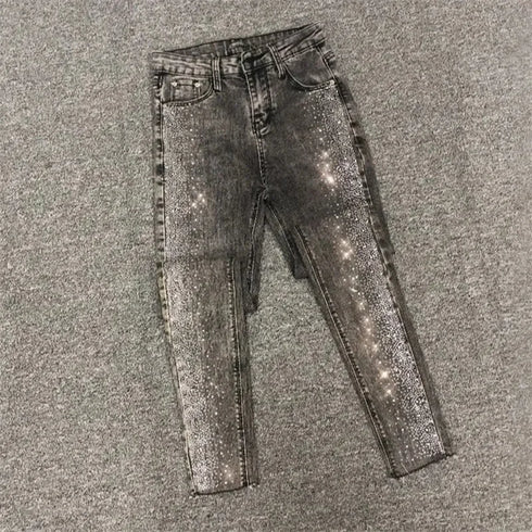 Fashion Rhinestone Jeans Female High Waist Slim Pencil Pants