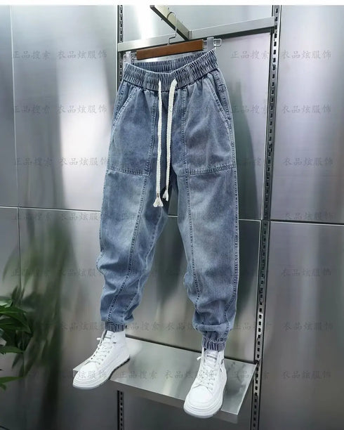 Men's Hip Hop Casual Denim Jogger Pants with Elastic Waist and Letter Print