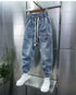 Men's Hip Hop Casual Denim Jogger Pants with Elastic Waist and Letter Print