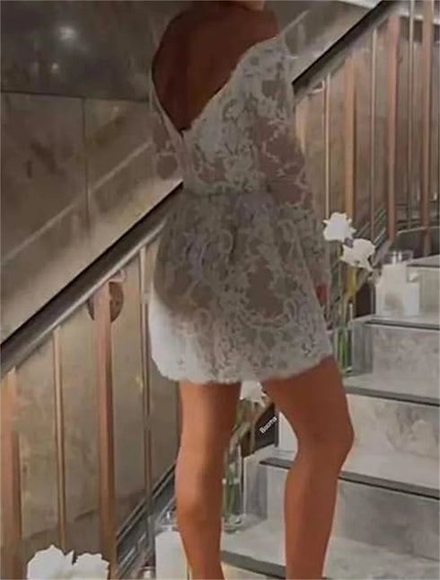 Full Lace Short Wedding Dresses For Bride Long Sleeve Gown