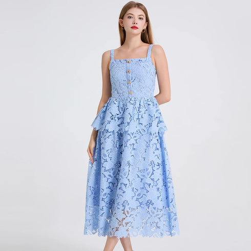 Embroidery Lace Long Cake Dress for Women Evening and Birthday Parties