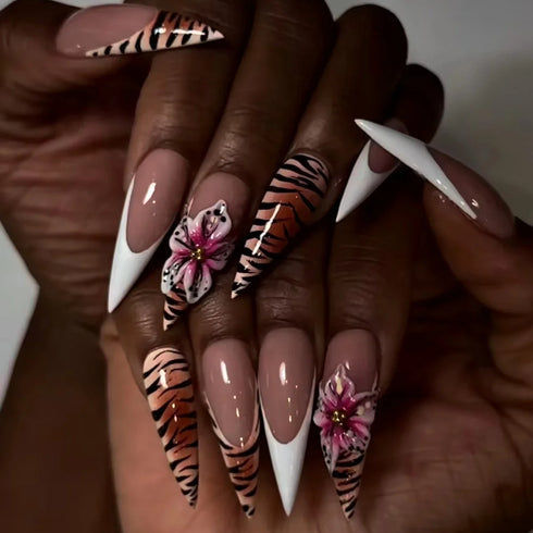 Charming 3D Flower Press on Nail Art with Cute Leopard Print Design - Stylish Almond Shape Ballet False Nails for Daily and Vacation Manicure