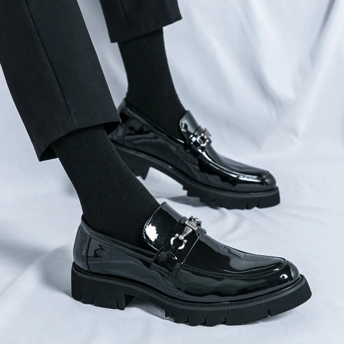 Men's Thick Sole Patent Leather Oxfords - Stylish Slip-On Derby Shoes for Casual and Formal Occasions, Height Increasing Loafers for Ultimate Comfort and Fashion