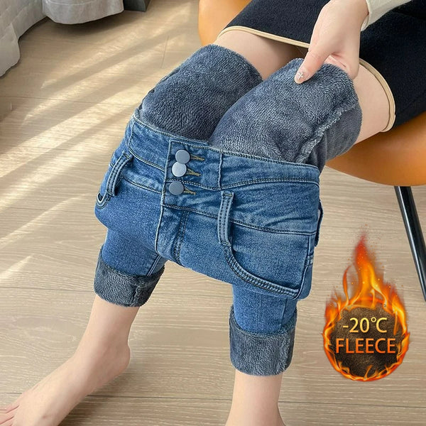 High Waist Jeans Slim Fit Fleece Lined Winter Pencil Style Velvet Touch Elegant Jeans