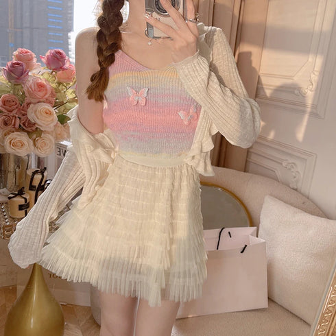 Butterfly Striped Knitted Tank Top for Women – Sweet V Neck Sleeveless Slim Camisole Perfect for Summer Outings and Cute Tops Enthusiasts