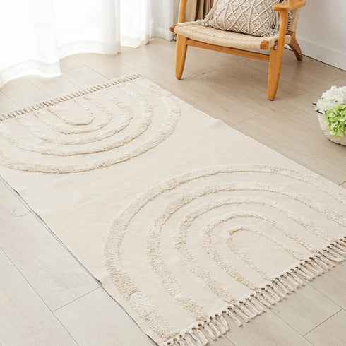 Nordic Cotton Linen Rug Modern Geometric Rainbow Living Room Carpet Bedroom Floor Mat Aesthetic Home Decor